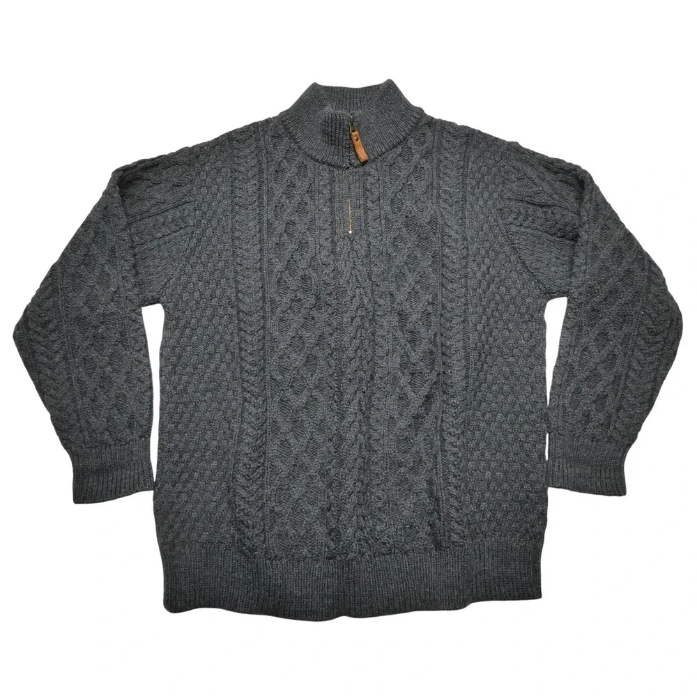 Aran Crafts Sweater Mens XL Gray Merino Wool Cable Knit 1/4 Zip Mock Neck Irish